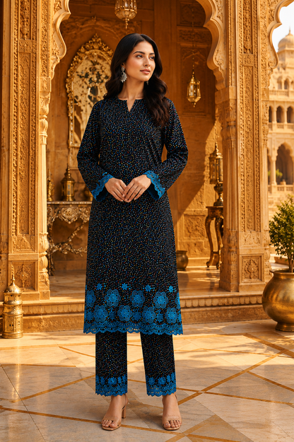 Designer Black Cotton Poplin Polka Dot Fabric with Sky Blue Embroidered Designer Border Schiffli