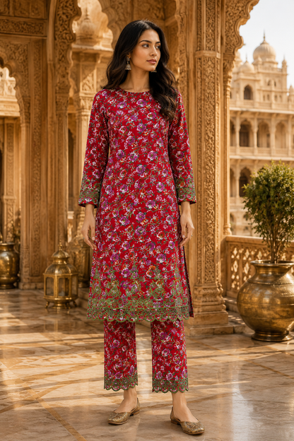 Designer Red Cotton Poplin Floral Print with Olive Green Embroidered Designer Border Schiffli