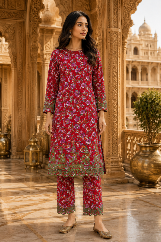 Designer Red Cotton Poplin Floral Print with Olive Green Embroidered Designer Border Schiffli