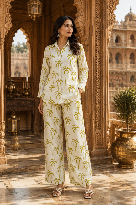 Tropical Palm Tree Print Cotton Linen Fabric – Lime Green