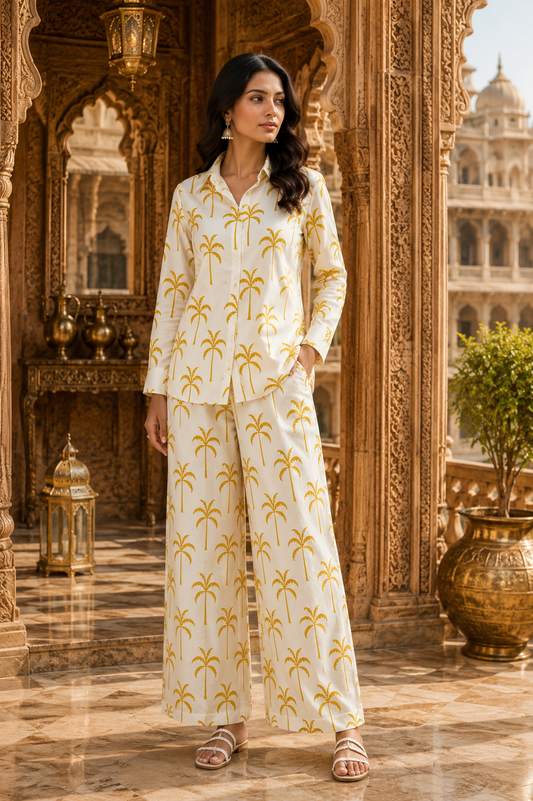 Sunshine Palm Tree Print Cotton Linen Fabric – Mustard