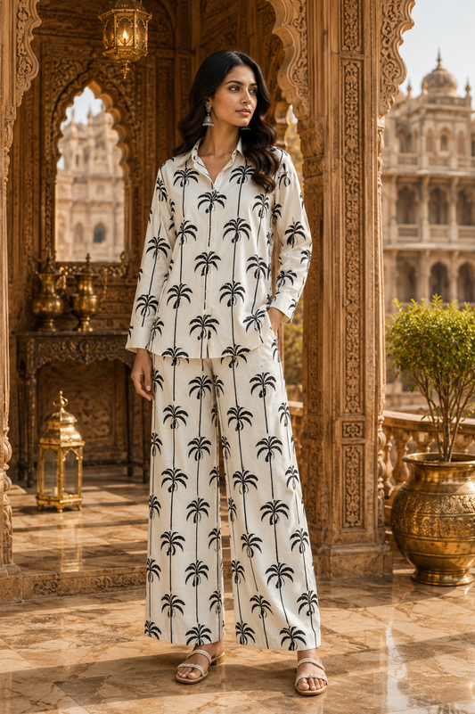 Monochrome Tropical Print Cotton Linen Fabric – Black