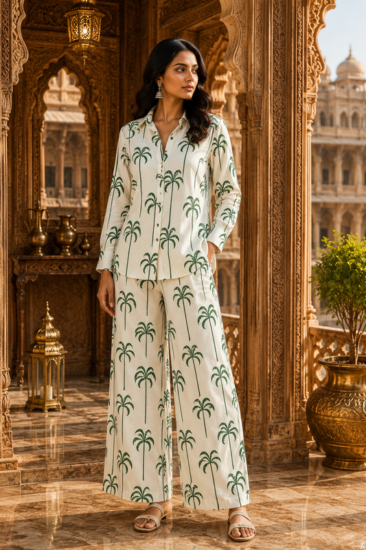Botanical Palm Tree Print Cotton Linen Fabric – Green