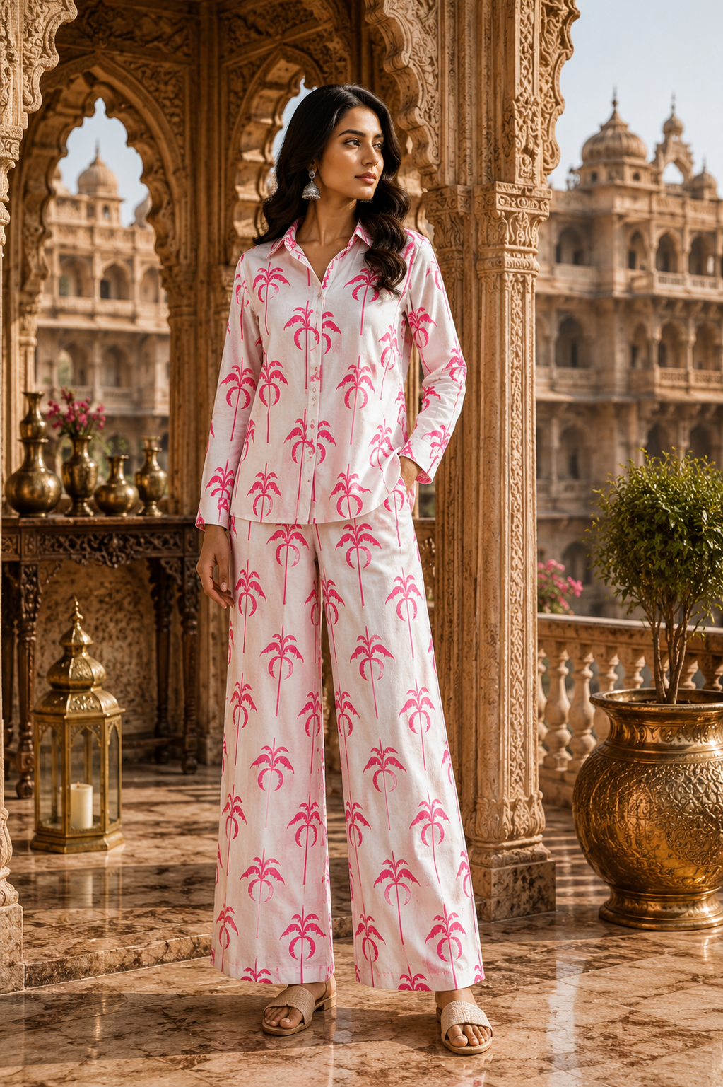 Summer Palm Tree Print Cotton Linen Fabric – Coral Pink