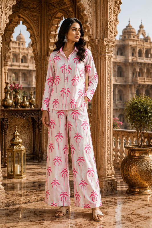 Summer Palm Tree Print Cotton Linen Fabric – Coral Pink