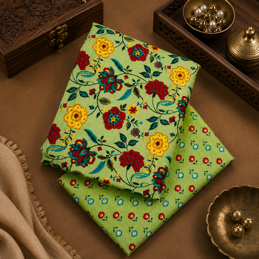 Pista Green Floral Cotton Suit Set With Printed Bottom