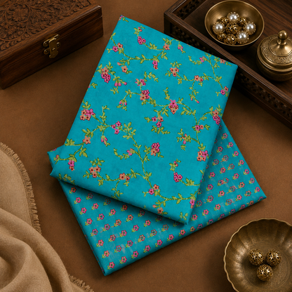 Turquoise Floral Cotton Suit Set With Printed Bottom