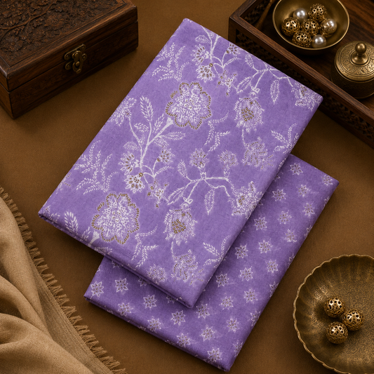Lavender Floral Cotton Suit Set with Printed Bottom