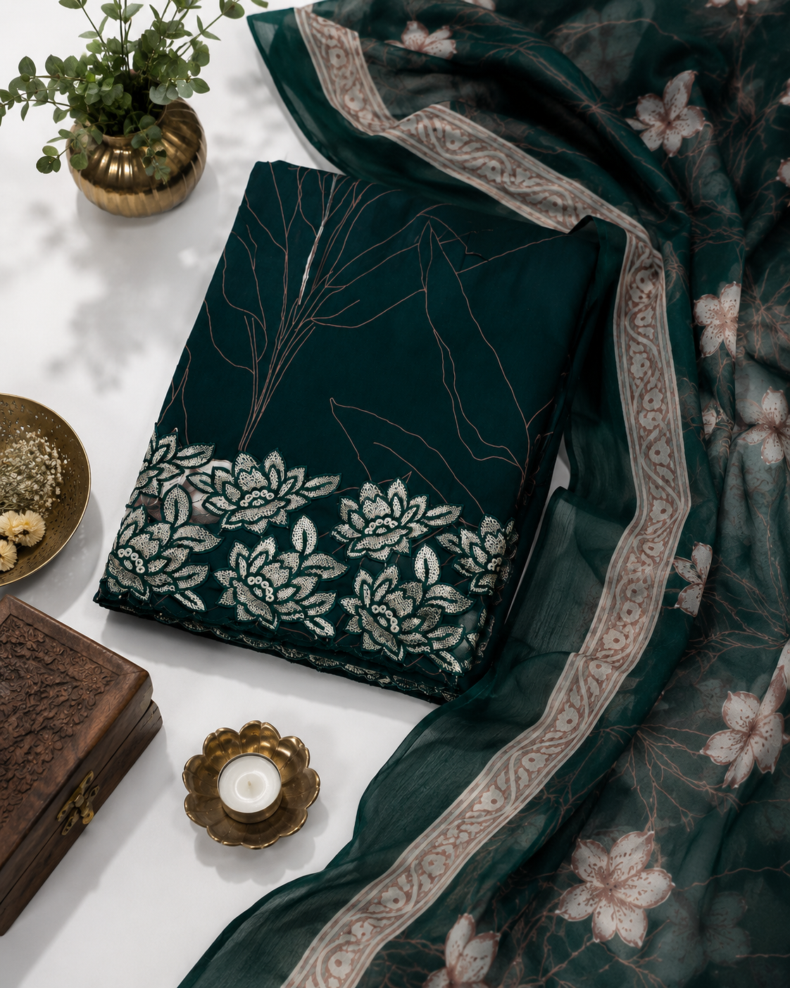 Classic Deep Green Cotton Suit Set with Pure Chiffon Dupatta