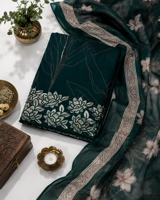 Classic Deep Green Cotton Suit Set with Pure Chiffon Dupatta