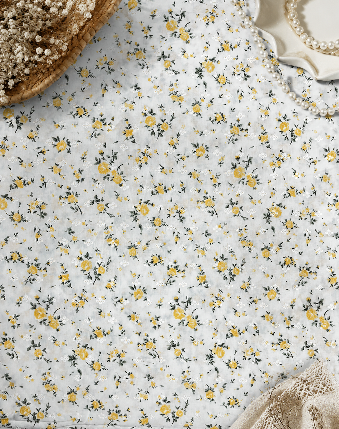 Premium White Cotton Linen Floral Print Fabric