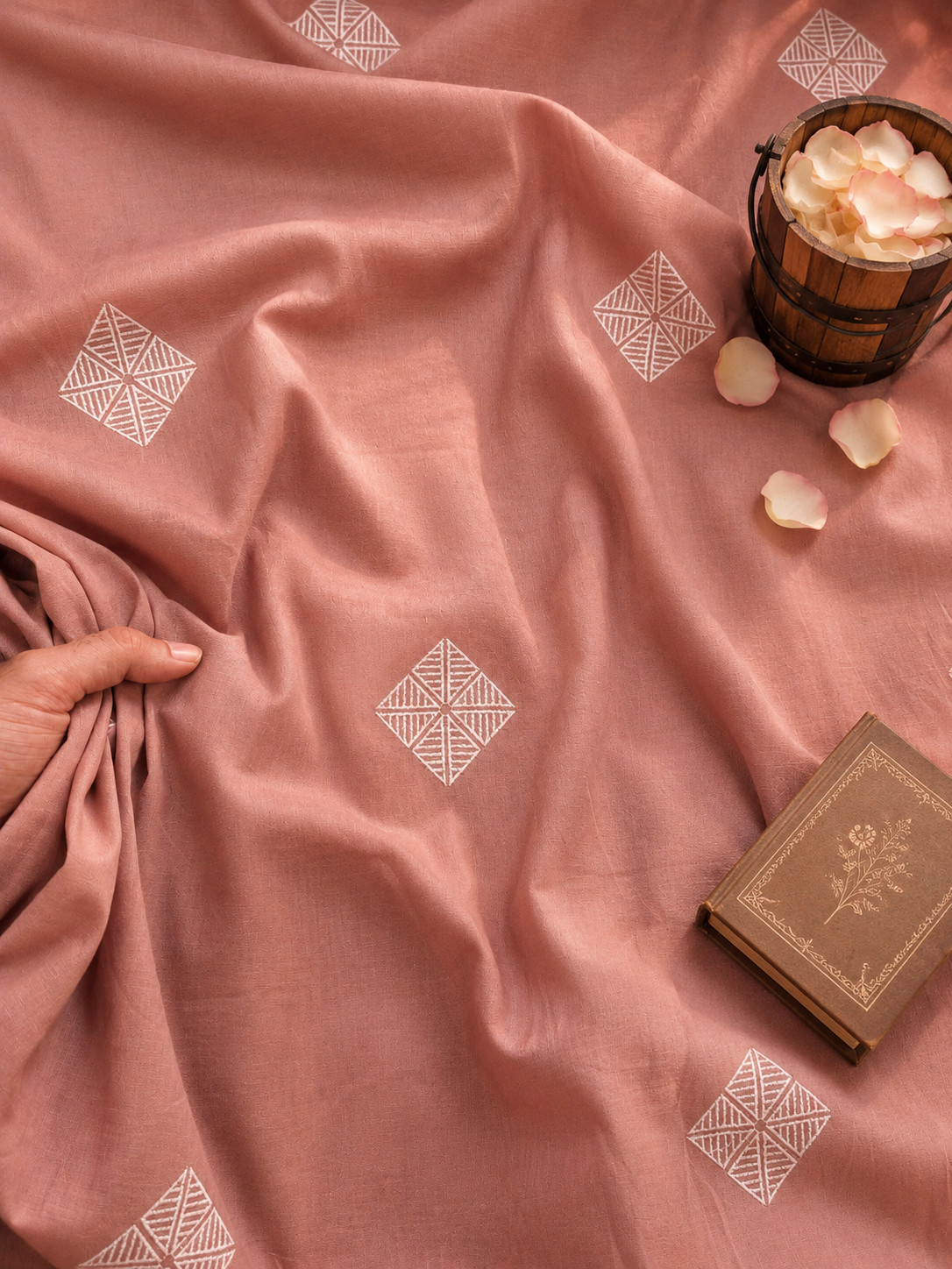 Premium Dusty Rose Cotton Embroidered Geometric Buti Suit Fabric 60 Inch Width