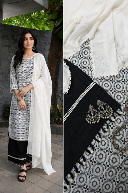 Black & White Schiffli Embroidered Unstitched Suit Set with Dupatta | 3 Piece Dress Material