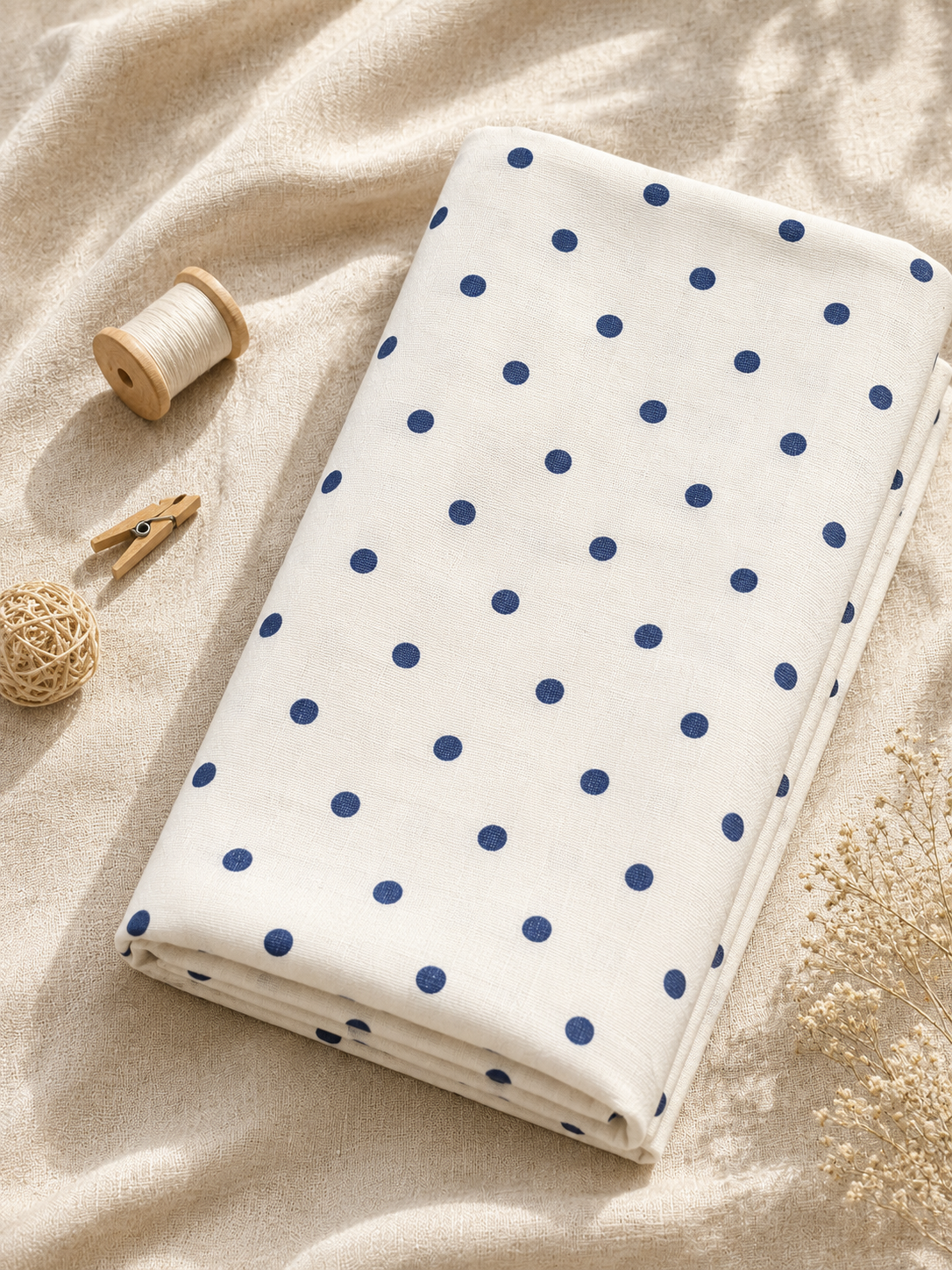 Premium Cotton Linen Polka Dot Fabric 44 Inch Width | White Blue Printed Suit Material