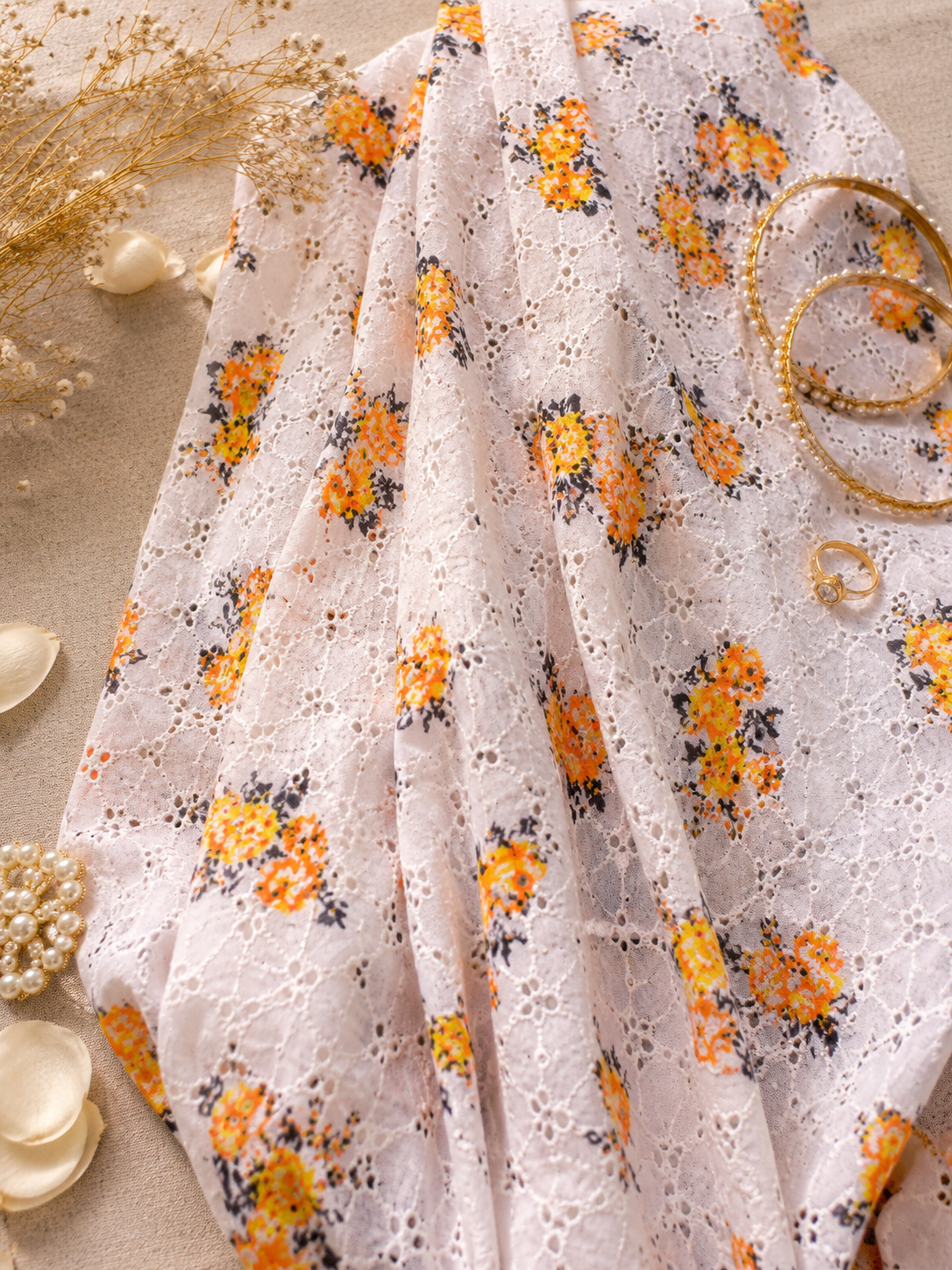 Marigold Printed Imported Schiffli Fabric