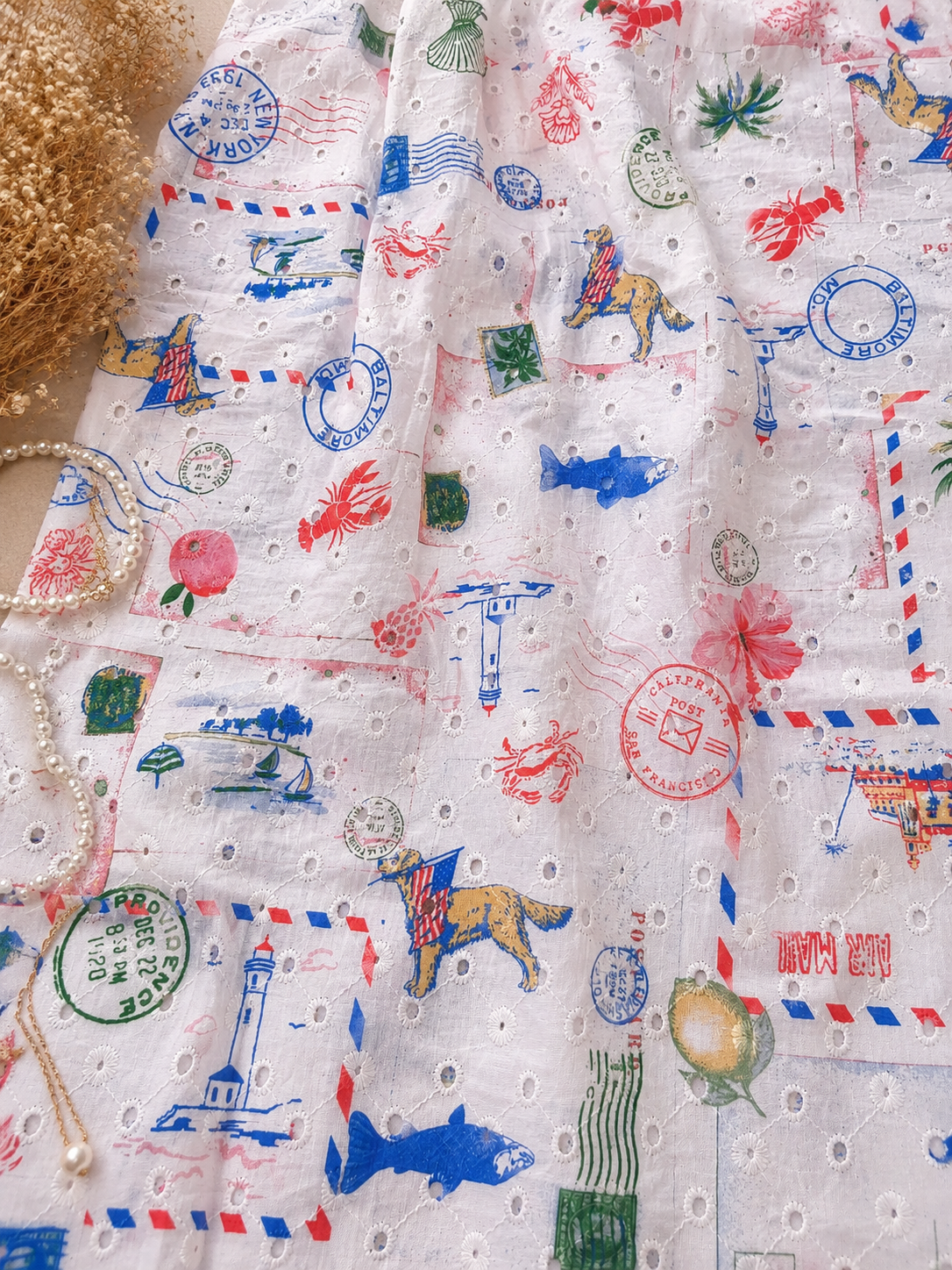 Coastal Postmark Imported Schiffli Fabric