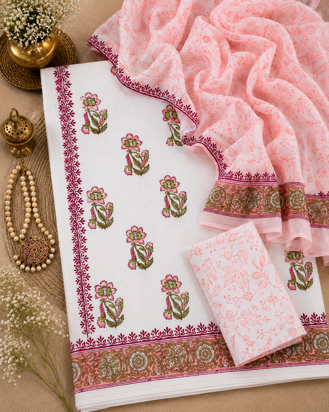 Premium Floral Block Print Cotton Suit Set with Peach Gulbahar Ambra Dye Dupatta