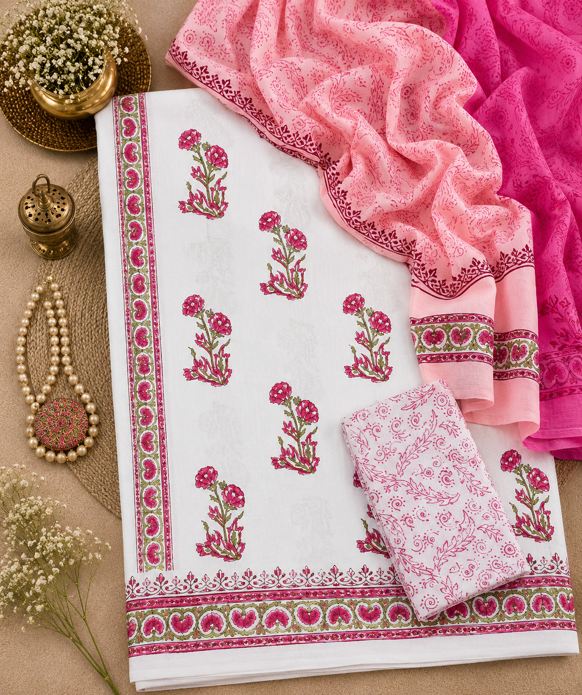 Premium Floral Block Print Cotton Suit Set with Pink Gulnaar Ambra Dye Dupatta