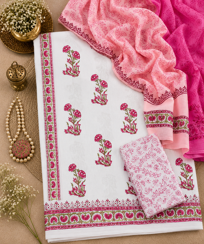 Premium Floral Block Print Cotton Suit Set with Pink Gulnaar Ambra Dye Dupatta