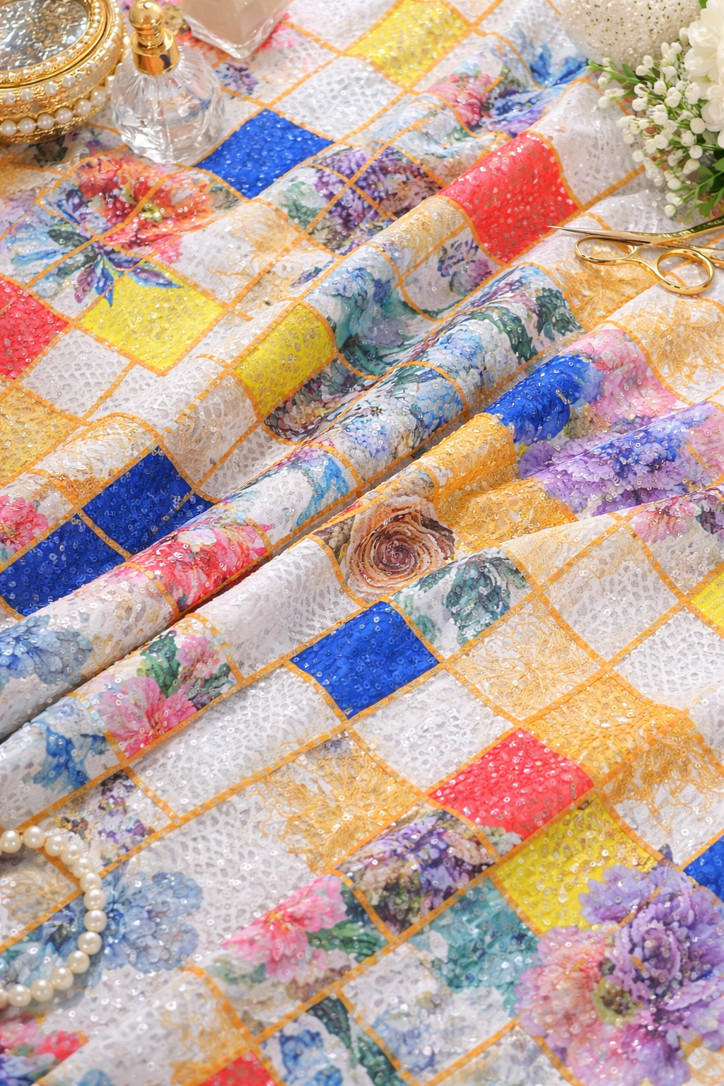 Multicolor Floral Patch Net Fabric with Sequin Work – Luxury Jacquard (4-in-1 Fabric)