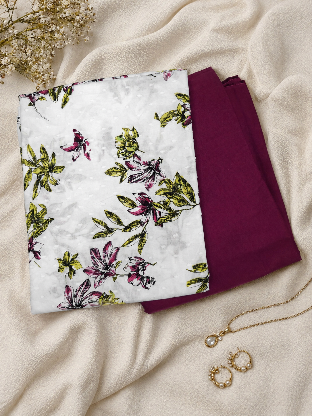 White Bloom Cotton Printed Suit Set with Magenta Bottom