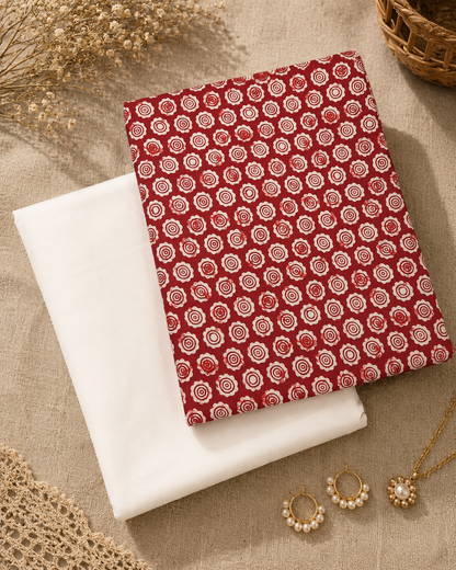 Ruby Red Printed Cotton Suit Set with White Bottom