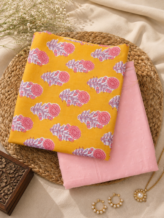 Sunshine Yellow Floral Cotton Suit Set with Pink Bottom