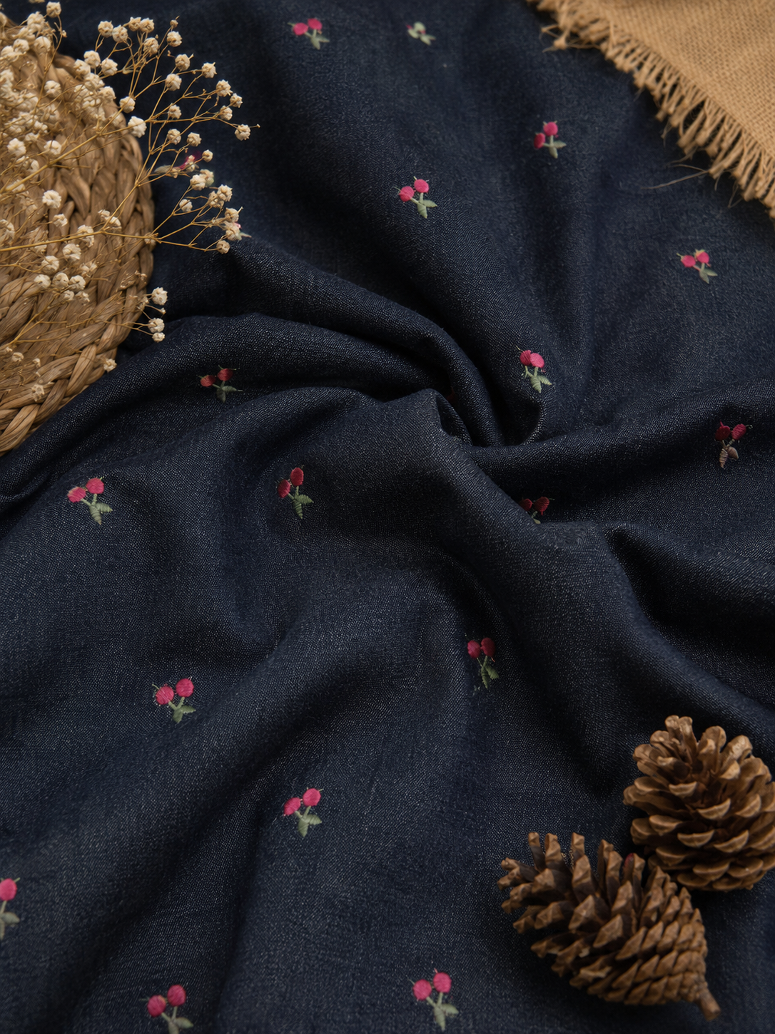 Navy Blue Cotton Denim Fabric with Cherry Embroidery