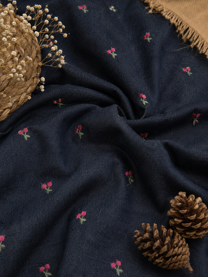 Navy Blue Cotton Denim Fabric with Cherry Embroidery