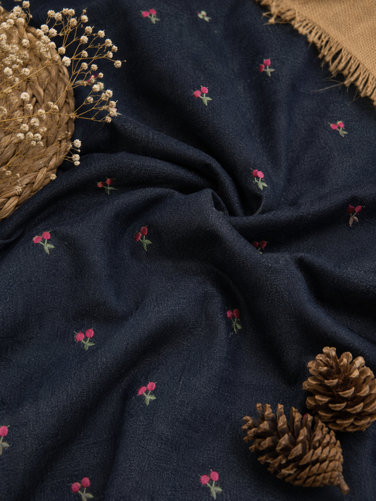 Navy Blue Cotton Denim Fabric with Cherry Embroidery