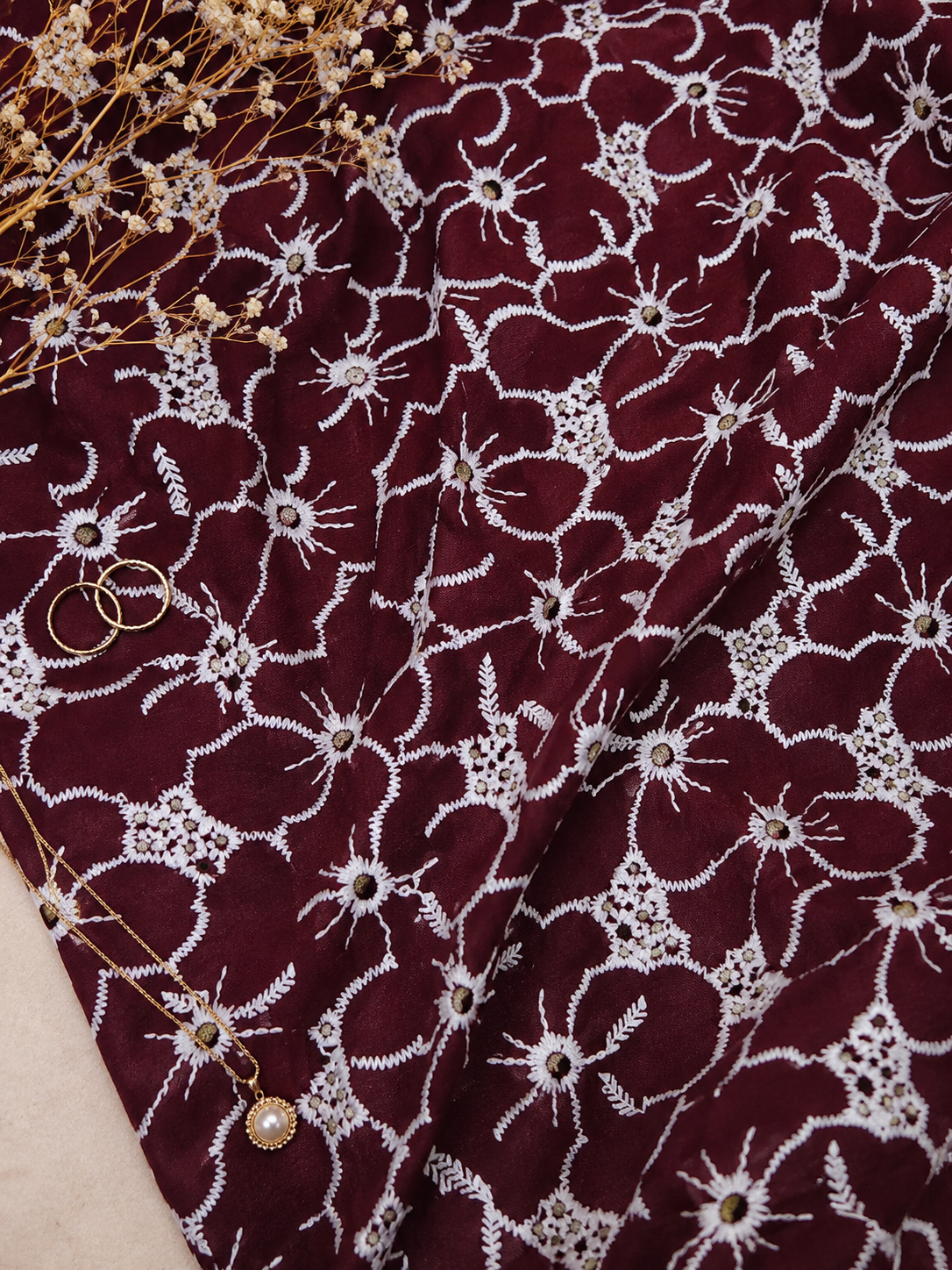 Premium Maroon Cotton Embroidered Schiffli Fabric