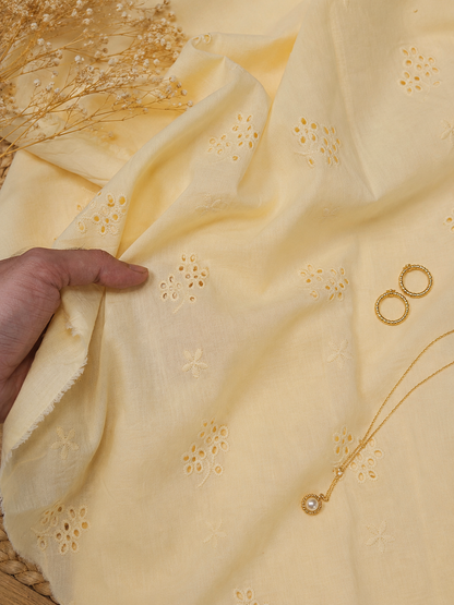 Luxury Pastel Yellow Cotton Schiffli Embroidered Fabric