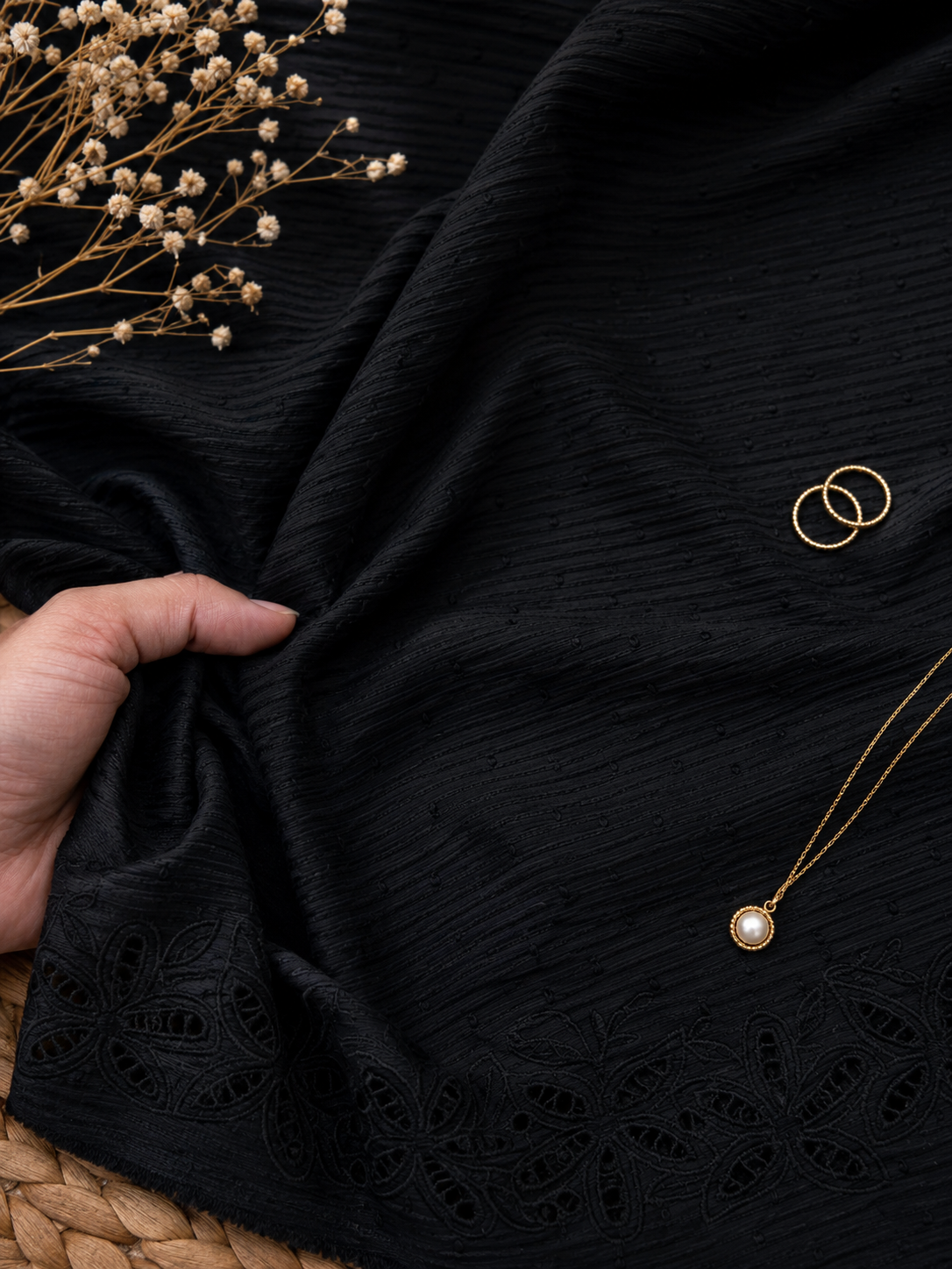 Premium Black Cotton Embroidered Border Fabric