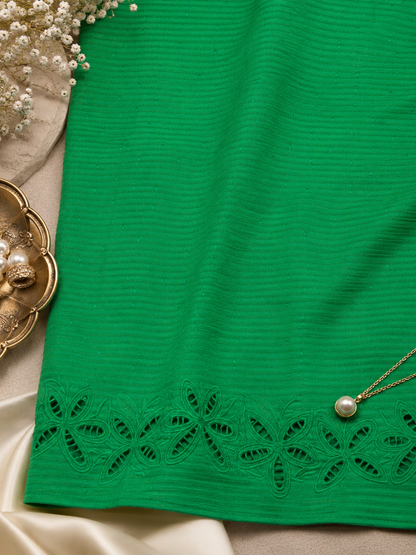 Premium Emerald Green Cotton Embroidered Border Fabric