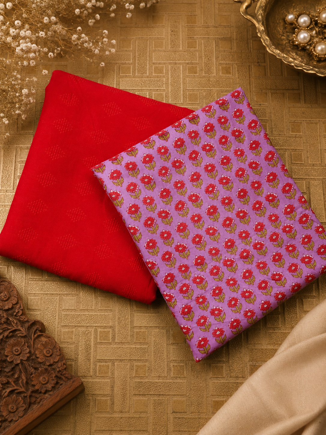 Rose Printed Cotton Suit Set with Red Bottom