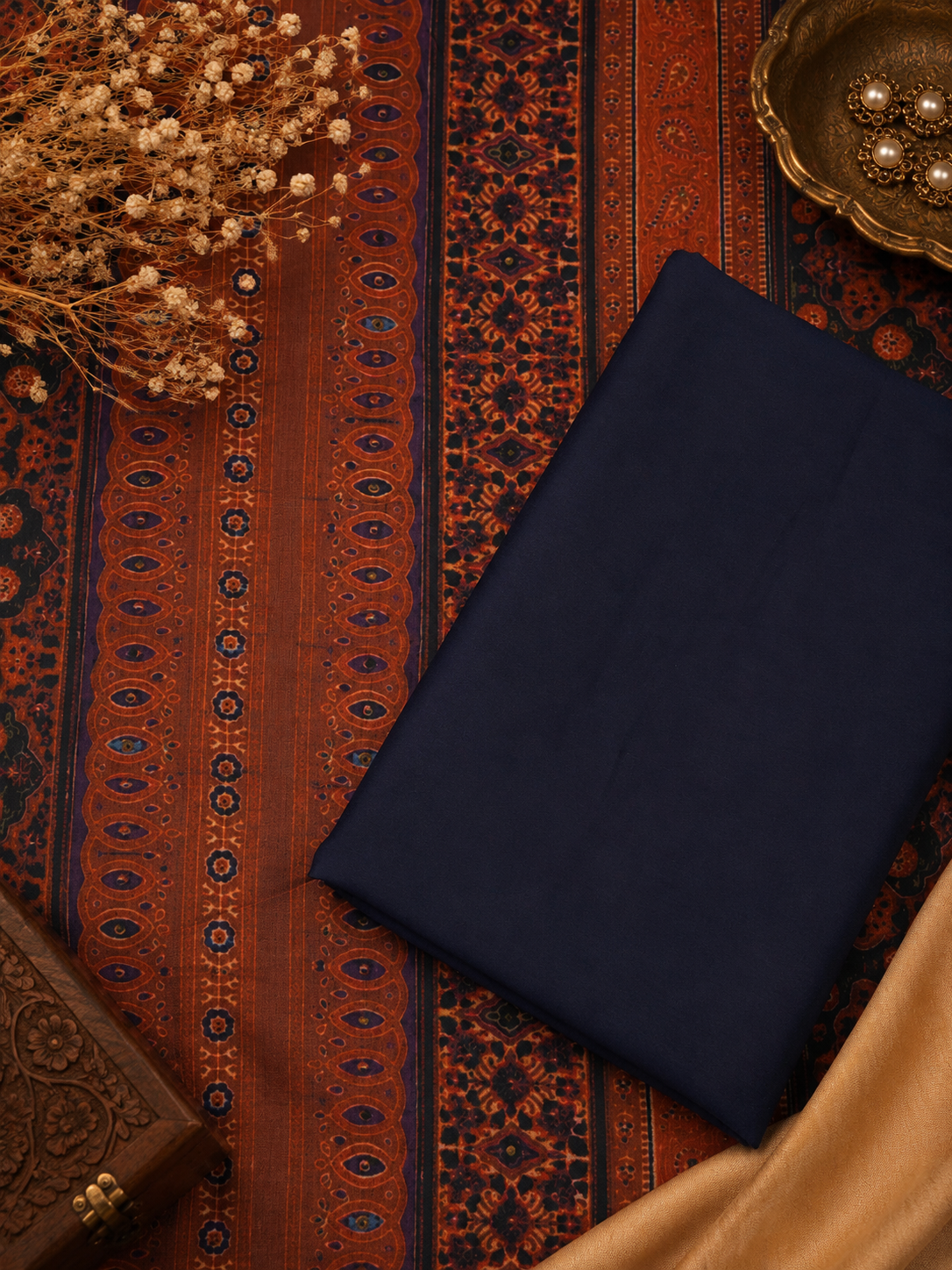 Midnight Ajrakh Royale Cotton Suit Set with Blue Bottom