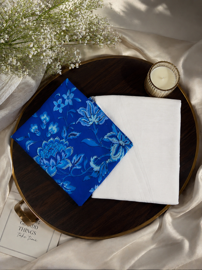 Blue Floral Cotton Suit Set with Off White Solid Bottom