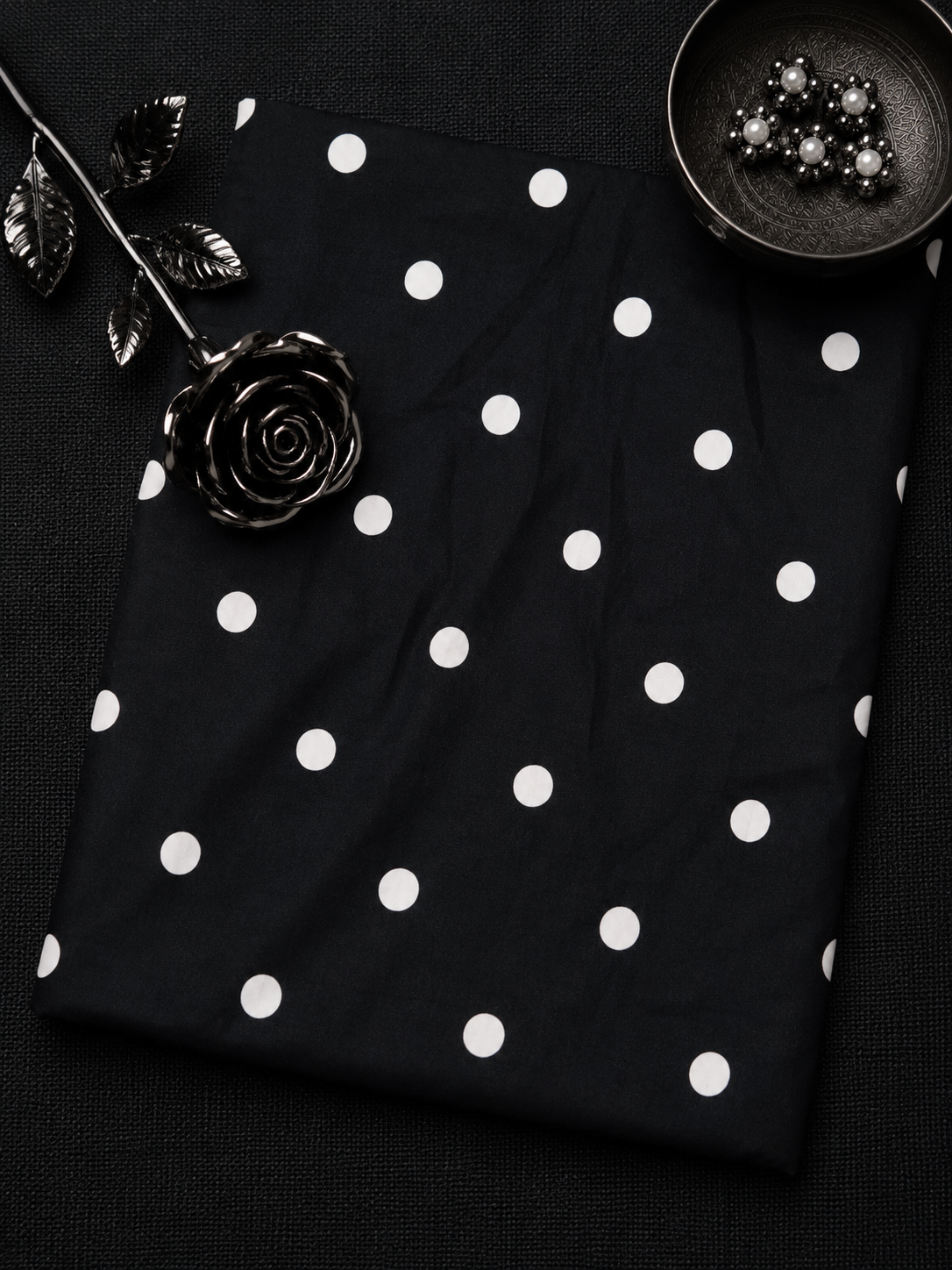 White Polka Dot on Black Poplin Fabric