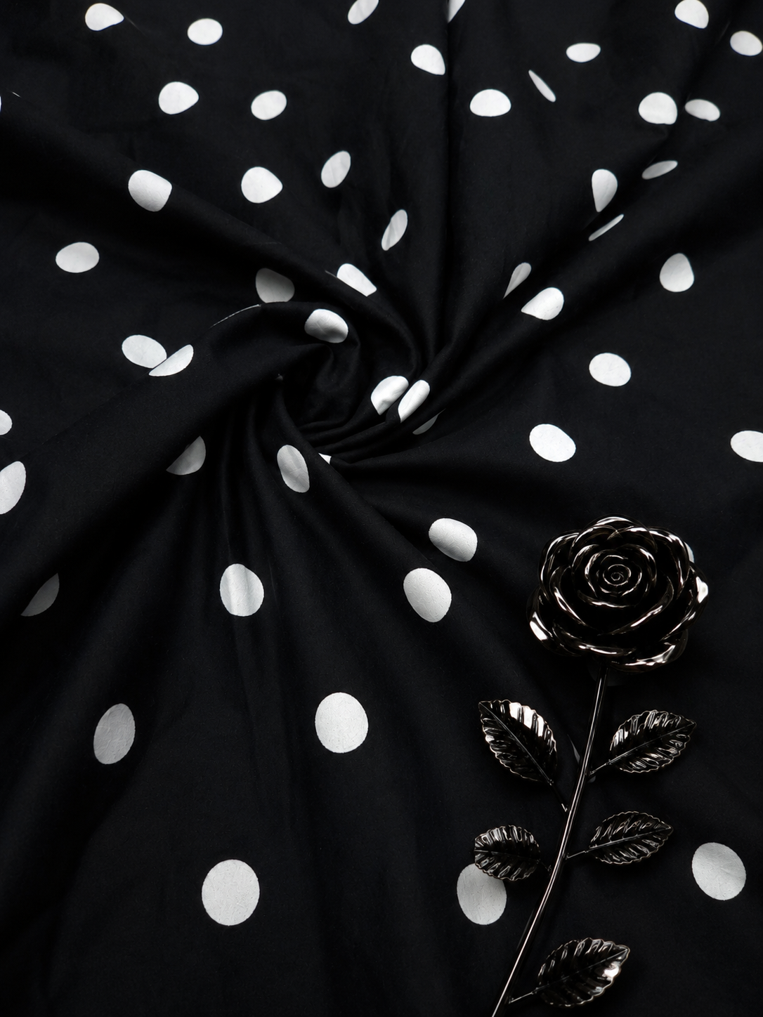 White Polka Dot on Black Poplin Fabric