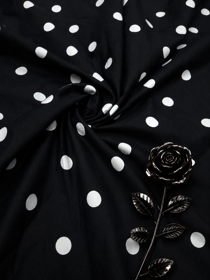 White Polka Dot on Black Poplin Fabric