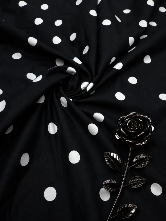 White Polka Dot on Black Poplin Fabric