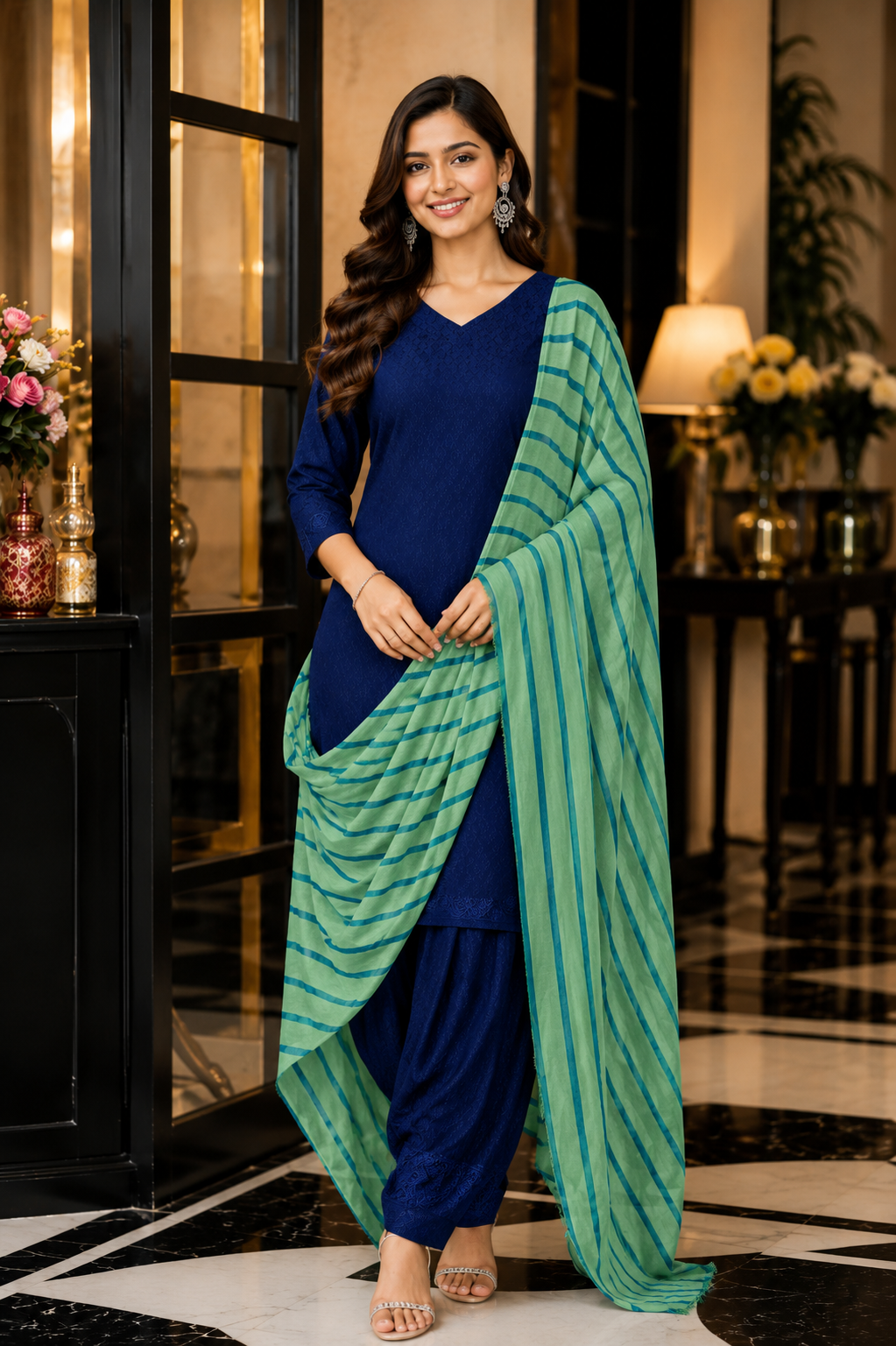 Dark Navy Modal Rayon Self Suit with Green Stripe Mal Cotton Dupatta