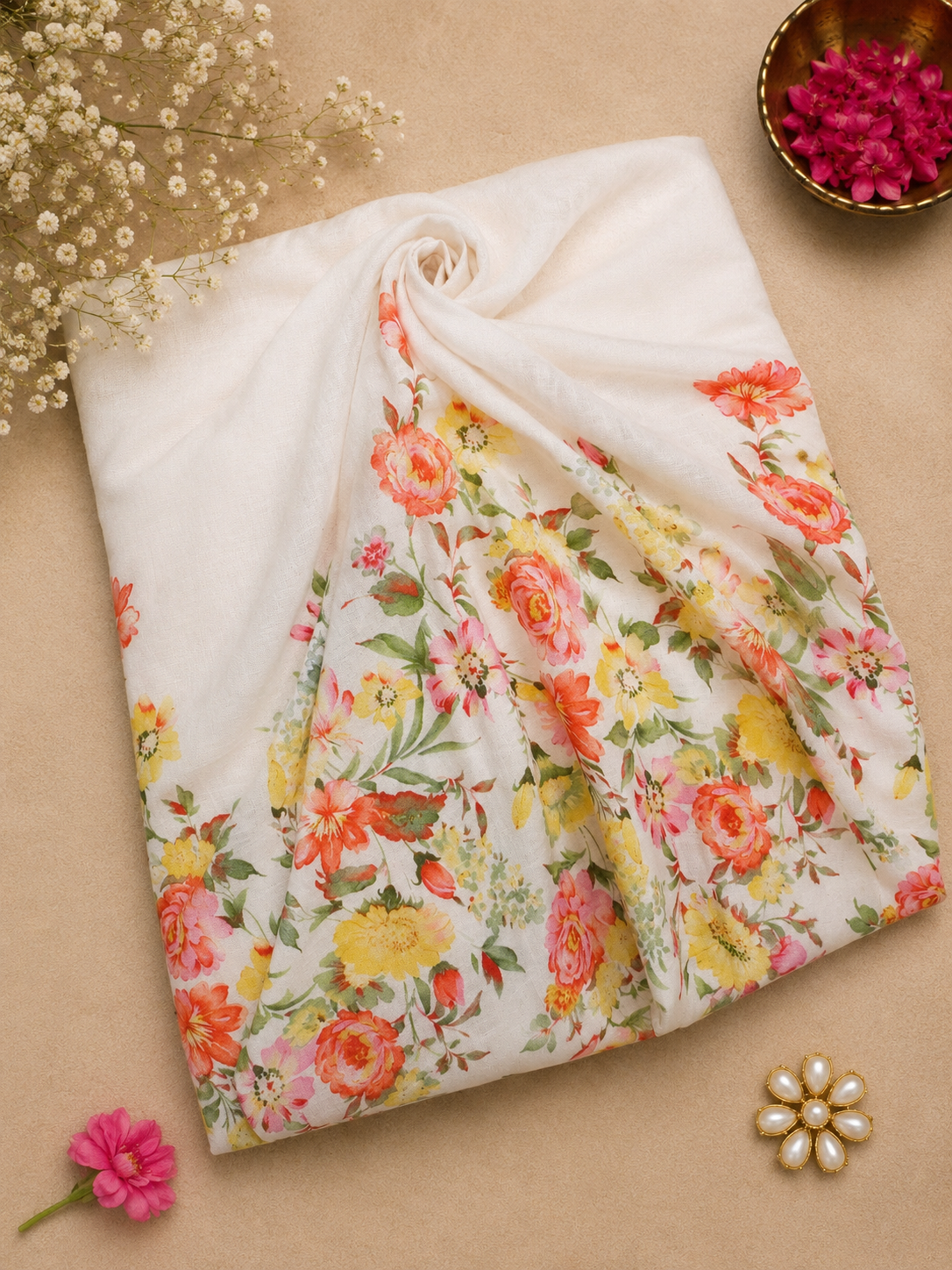 Printed Floral Buti Cotton Linen Blend Fabric