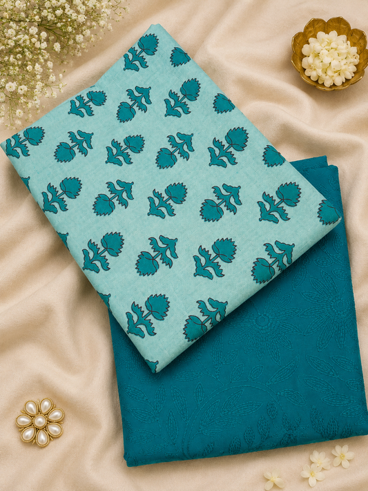 Sea Green Printed 100% cotton Suit Set with All Over Chikan bottom