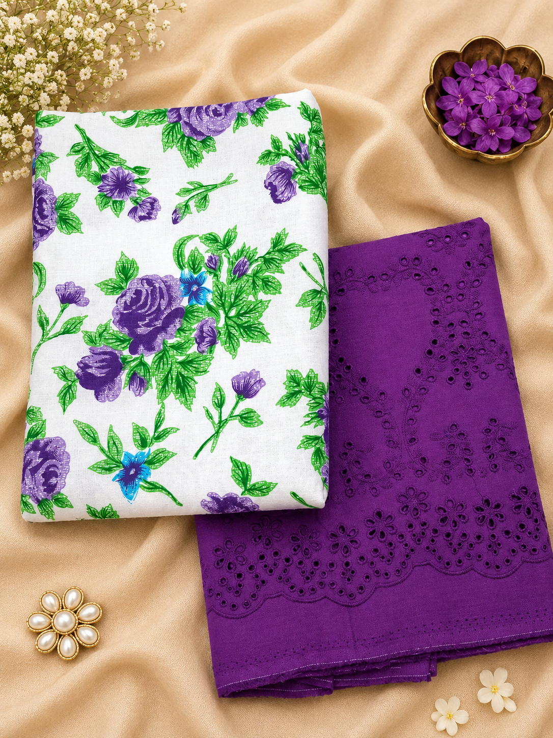 Lavender Floral 100% cotton Suit Set with Chikan bottom