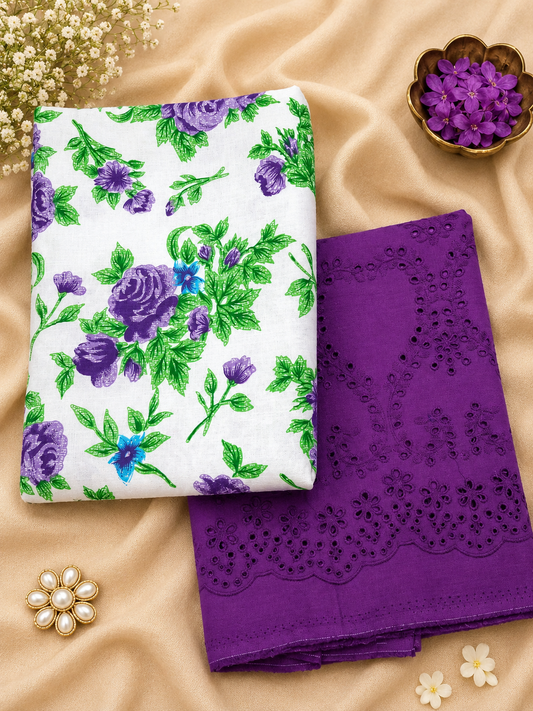 Lavender Floral 100% cotton Suit Set with Chikan bottom