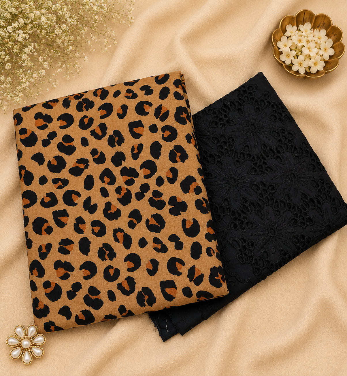 Leopard 100% cotton Suit Set with Chikan bottom