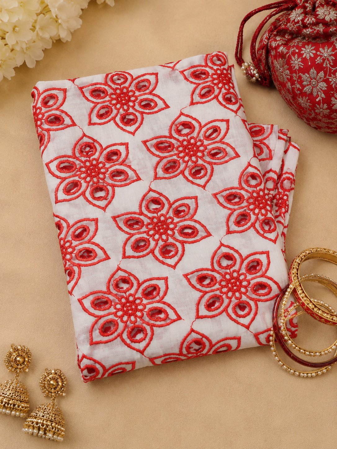 Premium Red Schiffli Fabric