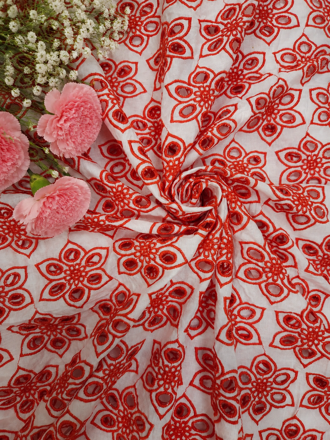 Premium Red Schiffli Fabric