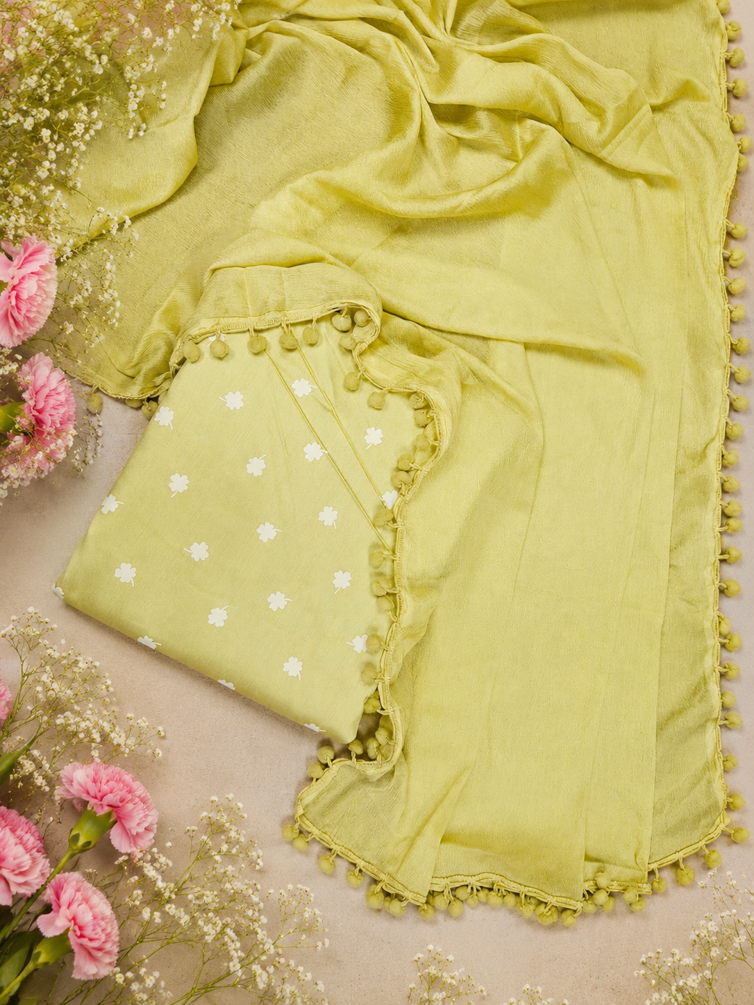 Ghiya Green Floral Cotton Silk Suit Set With Chinon Dupatta
